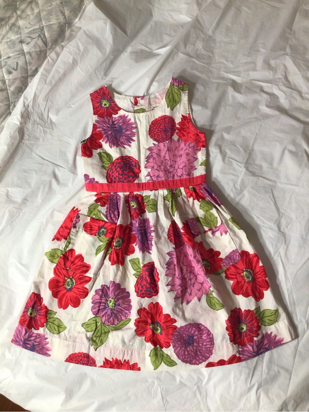 Mini Boden Dress White with Pink & Red Floral Print